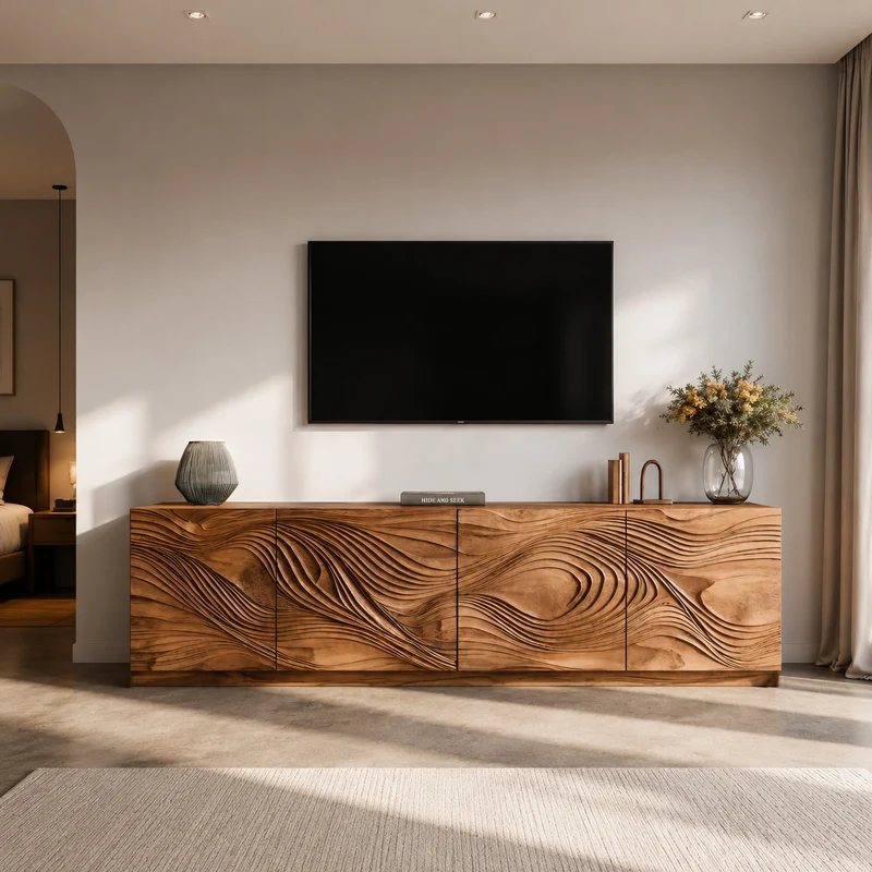 Artistic TV Console With Wave Pattern For Elegant Living Room SITHHNTVC009
