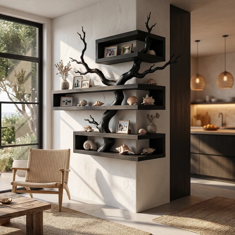 Rustic Corner Floating Shelf With Artistic Branch Shelves For Living Room SINLHAFL560