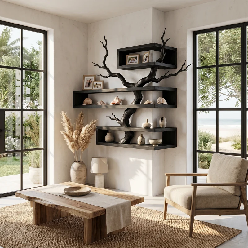 Rustic Corner Floating Shelf With Artistic Branch Shelves For Living Room SINLHAFL560