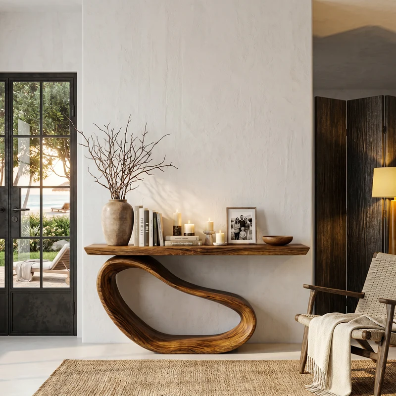 Minimalist Console Table With Sculptural Wood Base For Entryway SINLHACS669
