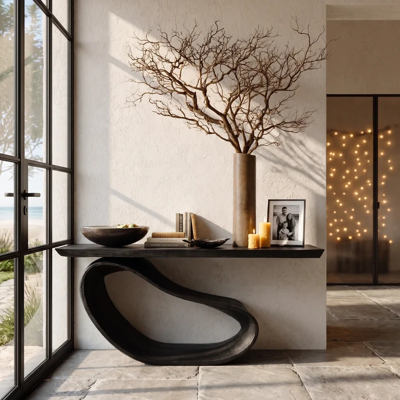 Minimalist Console Table With Sculptural Wood Base For Entryway SINLHACS669