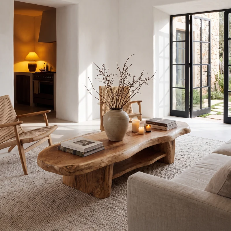Nature Inspired Coffee Table With Sculptural Wood Base For Living Room SINLHACF411