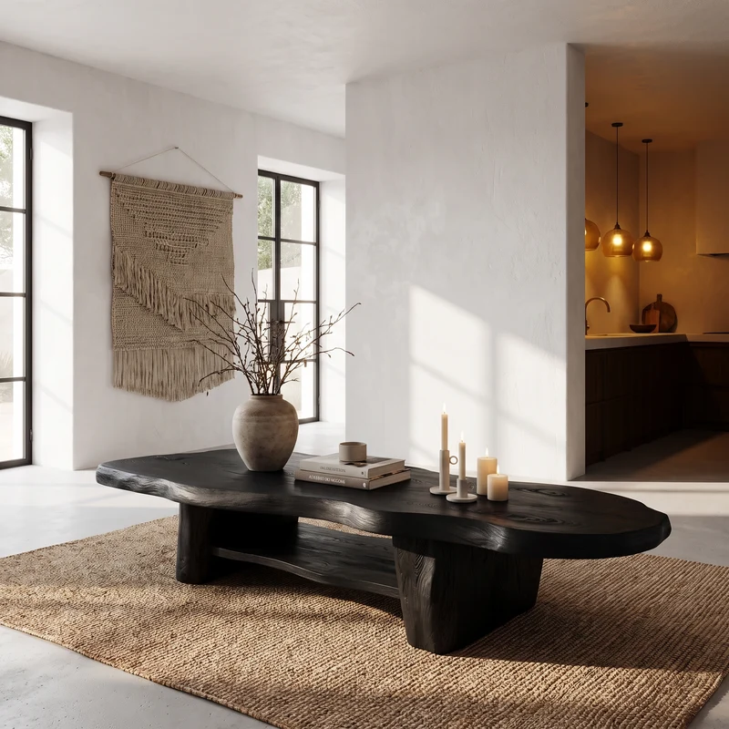 Nature Inspired Coffee Table With Sculptural Wood Base For Living Room SINLHACF411