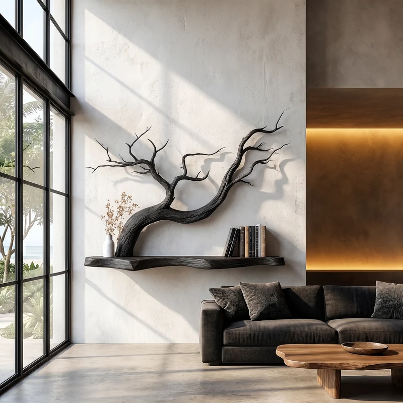 Handcrafted Floating Shelf With Sculptural Tree Branch Form For Living Room SINLHAFL562