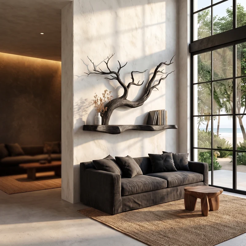 Handcrafted Floating Shelf With Sculptural Tree Branch Form For Living Room SINLHAFL562