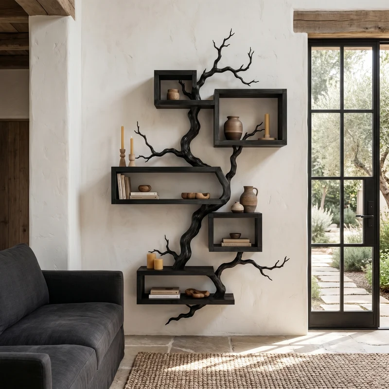 Organic Sculptural Floating Shelf With Tree Branch Design For Living Room SINLHAFL561