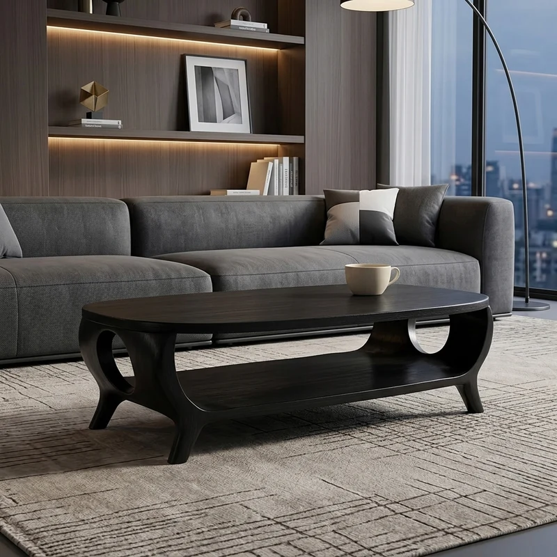 Organic Curved Coffee Table With Shelf For Living Room Decor RTTHHNCF034
