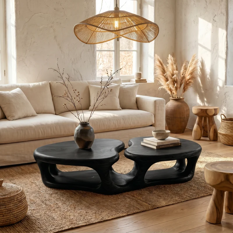 Sculptural Coffee Table With Open Wood Structure For Living Room Decor SINLSACF399