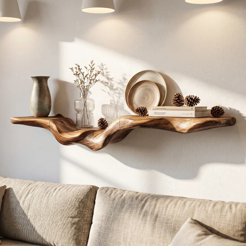 Rustic Floating Shelf With Natural Wood Flowing Form For Living Room SINLHAFL554