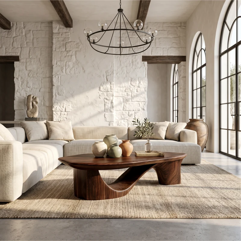 Contemporary Coffee Table With Sculptural Wooden Base For Living Room SINLSACF406