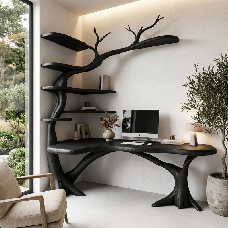 Sculptural Tree Desk With Handcrafted Solid Wood Design For Home Office SINLHADK131