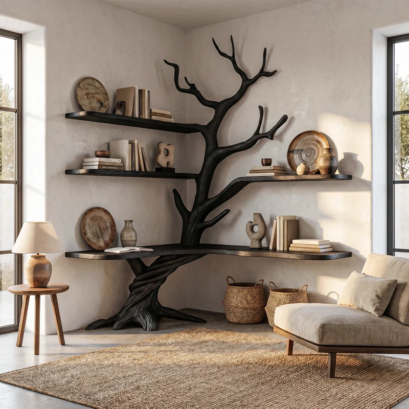 Organic Corner Desk With Sculptural Tree Branch Shelving For Home Office And Workspace SINLHADK130