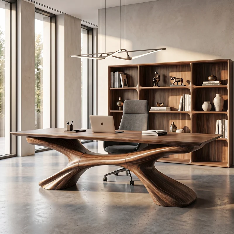 Spry Interior Modern Executive Desk, Handcrafted Sculptural Solid Wood Home Office Computer Writing Workstation Table, Model SINLHADK143