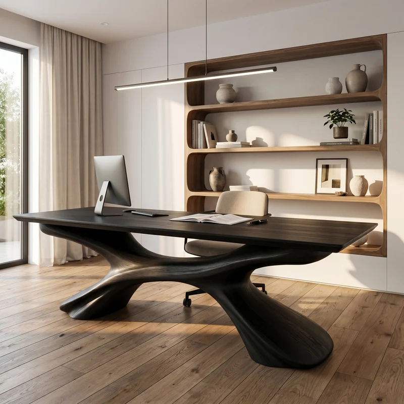 Spry Interior Modern Executive Desk, Handcrafted Sculptural Solid Wood Home Office Computer Writing Workstation Table, Model SINLHADK143