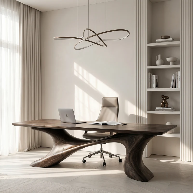 Spry Interior Sculptural Solid Wood Office Desk, Handcrafted Organic Modern Executive Writing Workstation Desk, Model SINLHADK142