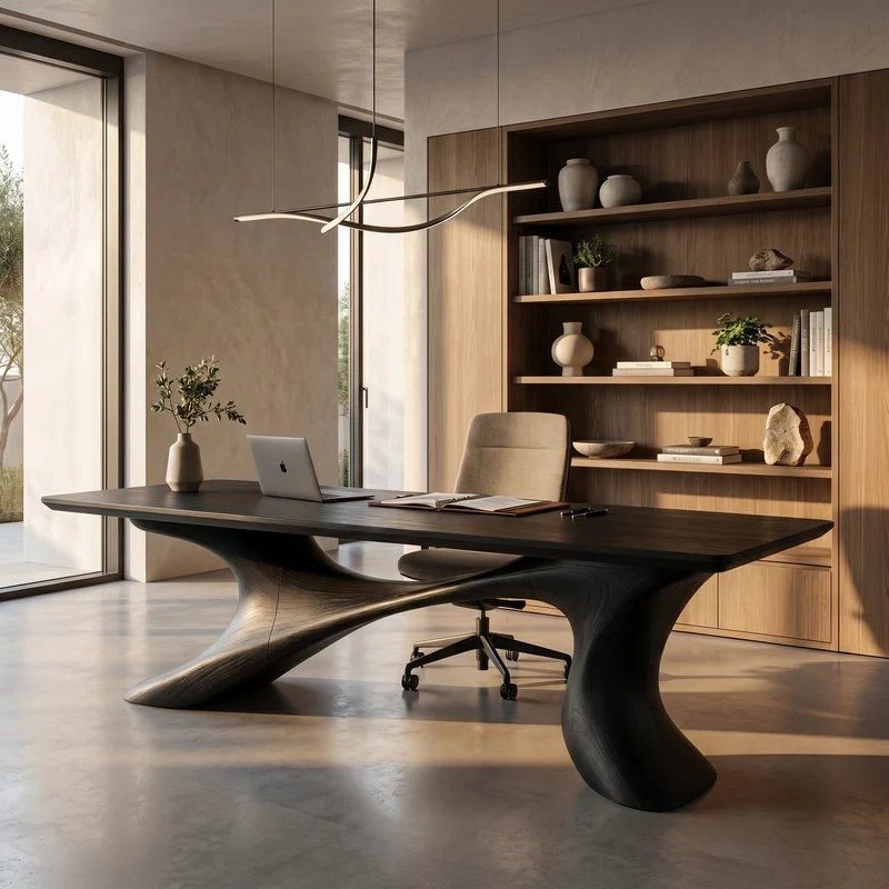 Spry Interior Sculptural Solid Wood Office Desk, Handcrafted Organic Modern Executive Writing Workstation Desk, Model SINLHADK142