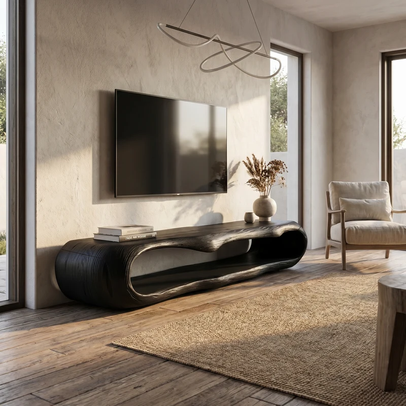 Spry Interior Sculptural Wood TV Cabinet, Handcrafted Nature-Inspired Artistic Media Console Credenza for Living Room, Model SINLHATC075