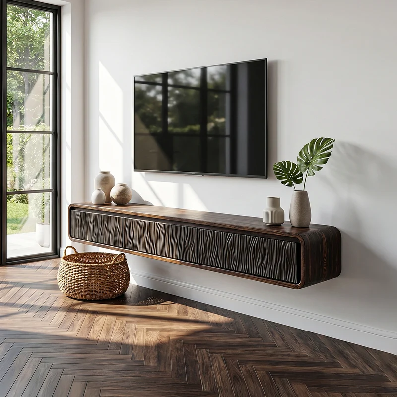 Spry Interior Organic Modern Wall Mounted TV Cabinet, Handcrafted Solid Wood Floating Media Console Entertainment Center, Model SINLHATC073