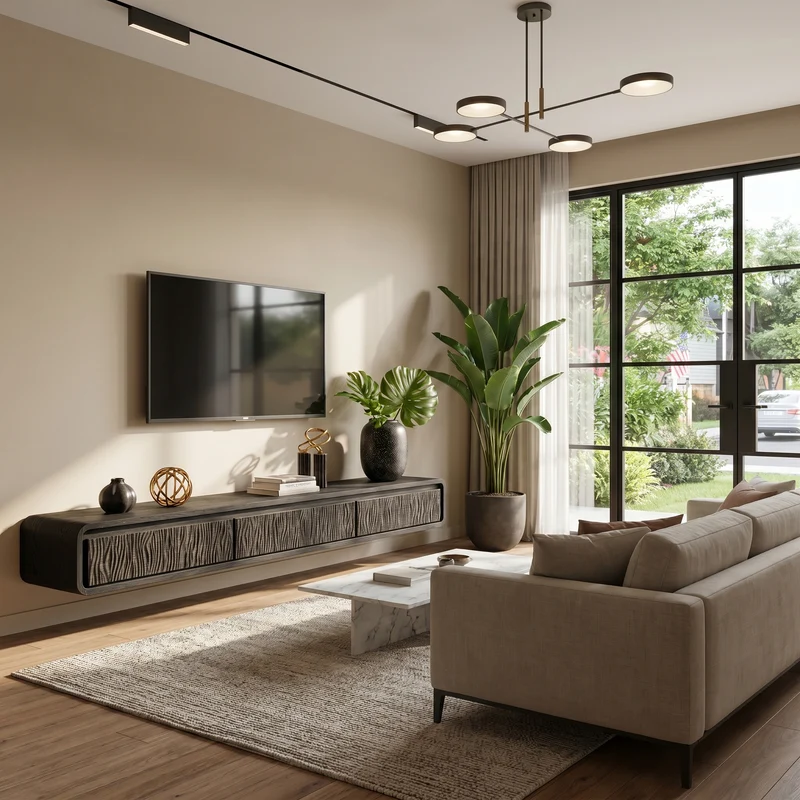 Spry Interior Organic Modern Wall Mounted TV Cabinet, Handcrafted Solid Wood Floating Media Console Entertainment Center, Model SINLHATC073