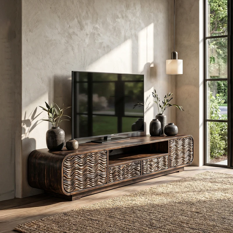 Spry Interior Modern Solid Wood Entertainment Center, Handcrafted Organic Wave Shaped TV Console for Living Room, Model SINLHATC072