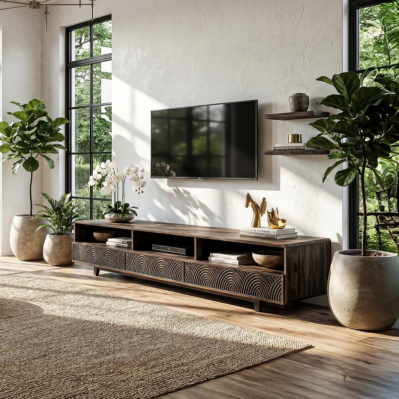 Spry Interior Rustic Wood TV Cabinet, Handcrafted Reclaimed Style Media Stand Board with Storage Doors for Living Room, Model SINLHATC070