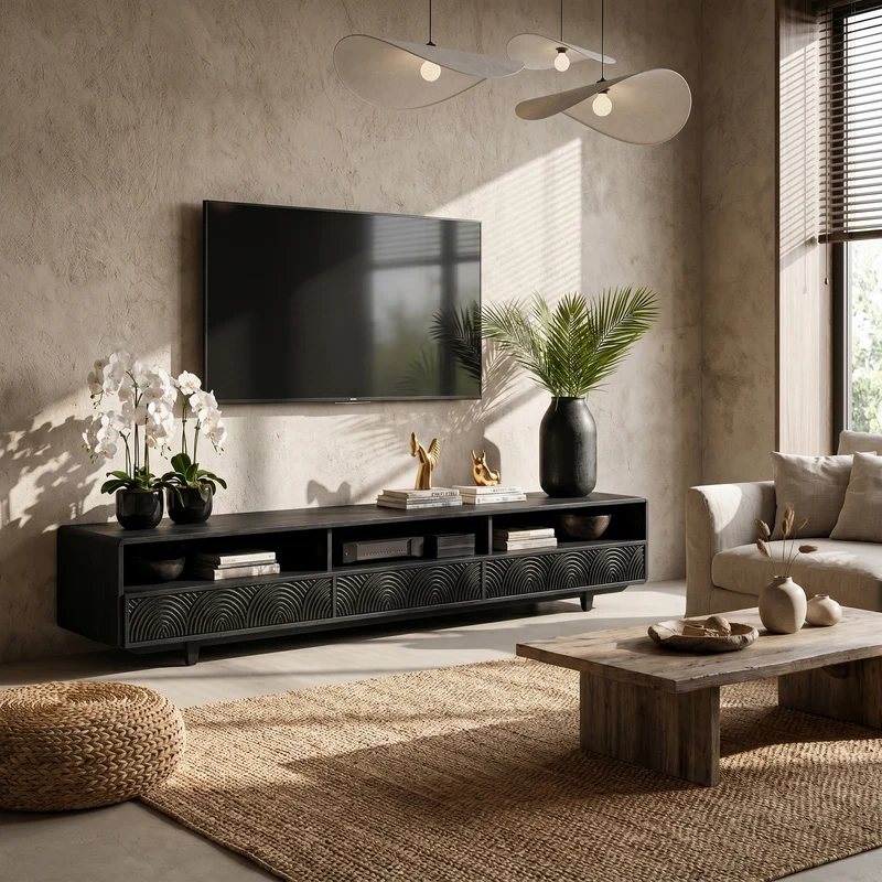 Spry Interior Rustic Wood TV Cabinet, Handcrafted Reclaimed Style Media Stand Board with Storage Doors for Living Room, Model SINLHATC070