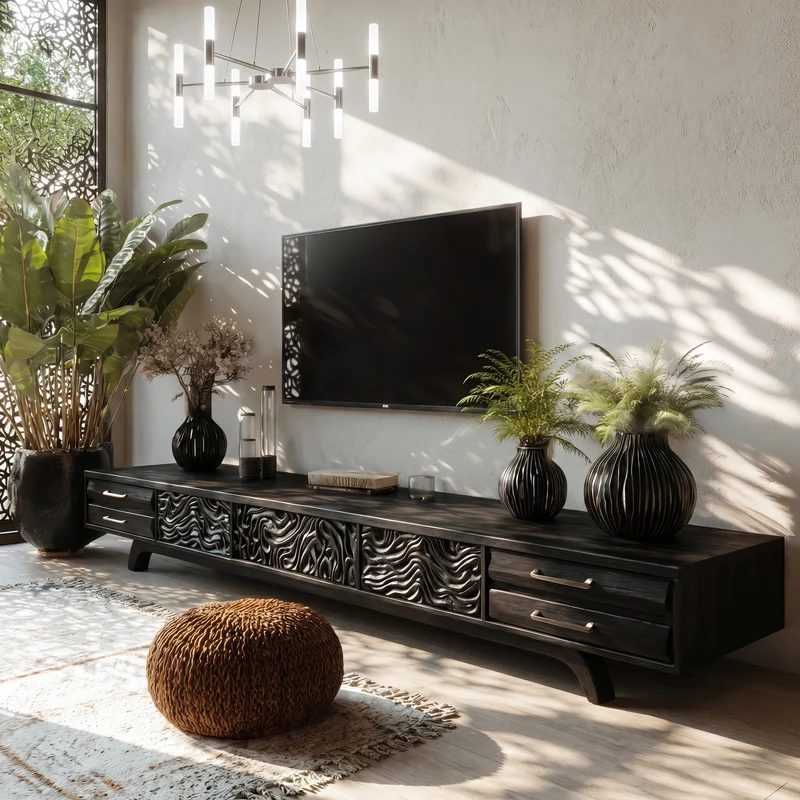 Spry Interior Rustic Solid Wood TV Cabinet, Handcrafted Nature-Inspired Branch Shape Media Console Table for Living Room, Model SINLHATC069