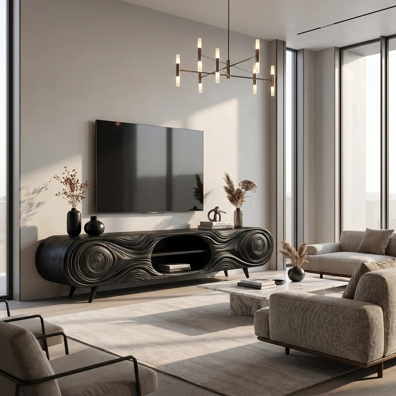 Spry Interior Organic Modern TV Cabinet, Handcrafted Sculptural Wood Grain Media Console Board with Storage for Living Room, Model SINLHATC067