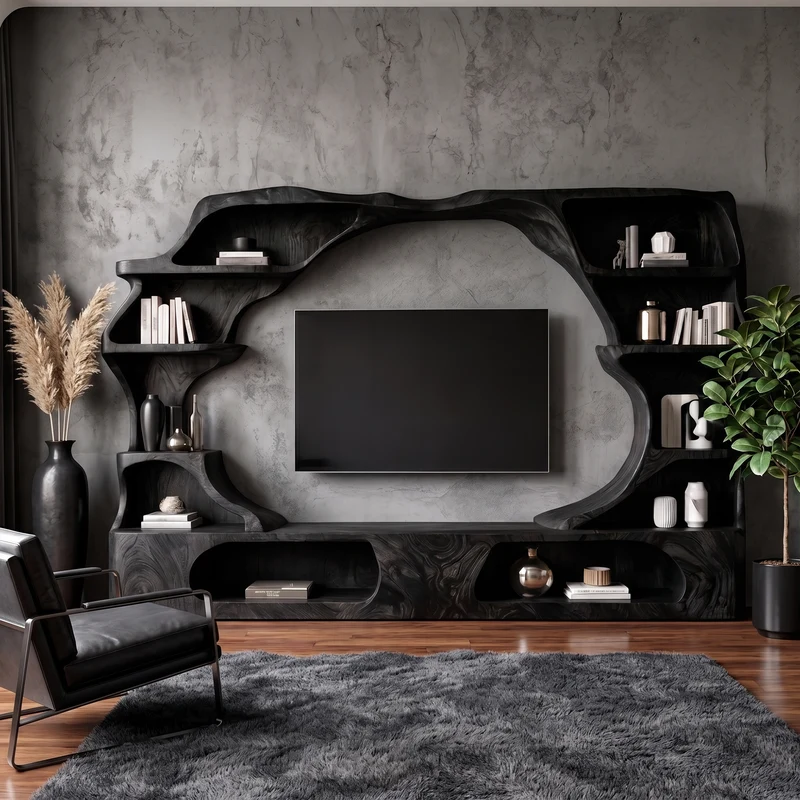 Spry Interior Nature-Inspired Wooden Entertainment Center, Handcrafted Living Room TV Console with Organic Display Shelves, Model SINLKITC065