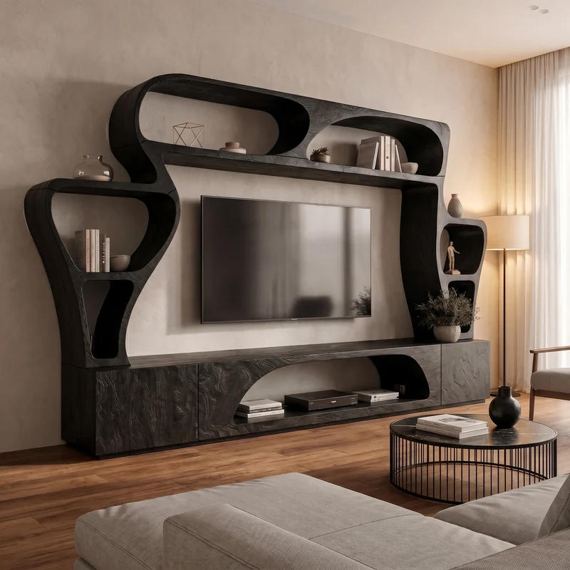 Spry Interior Solid Wood Statement TV Console, Handcrafted Living Room Entertainment Center with Sculptural Wall Shelves, Model SINLKITC064