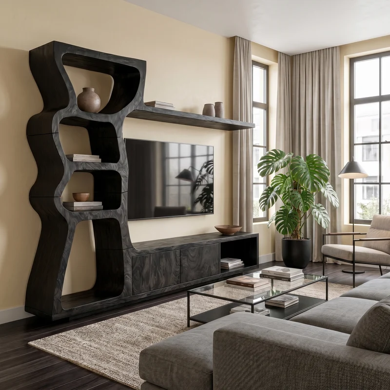Spry Interior Modern Wood TV Cabinet with Curved Built-In Display Shelves & Entertainment Center Console for Living Room, SINLKITC063