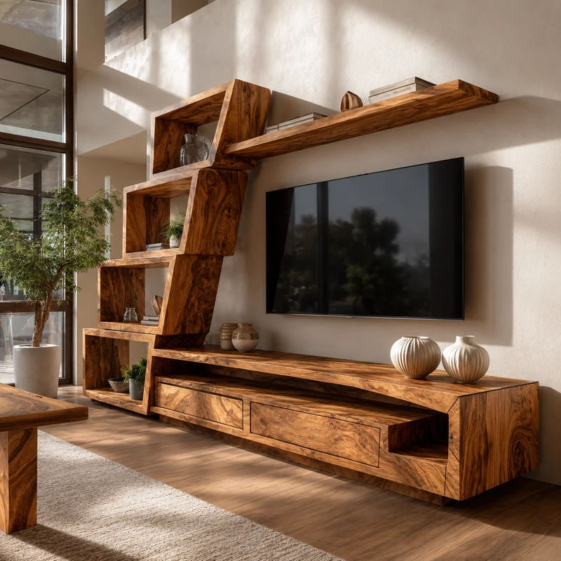 Spry Interior Organic Wood TV Cabinet with Artistic Open Shelving System & Modern Media Console Table for Living Room, SINLKITC061