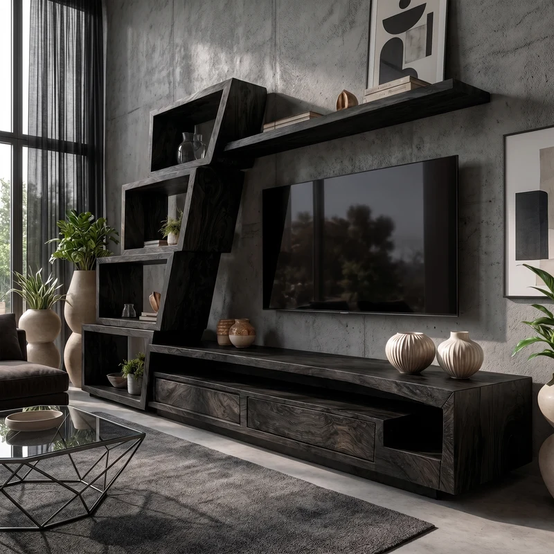 Spry Interior Organic Wood TV Cabinet with Artistic Open Shelving System & Modern Media Console Table for Living Room, SINLKITC061