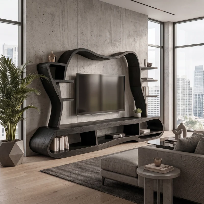 Spry Interior Modern Wood Entertainment Center with Sculptural Curved Shelving, Luxury Living Room TV Stand Console, SINLKITC060