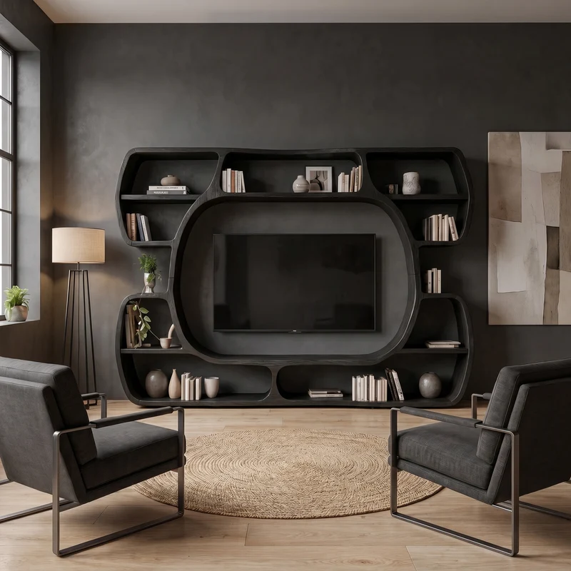 Spry Interior Organic Wood Entertainment Center with Sculptural Surround Shelves & Large TV Console for Living Room, SINLKITC059
