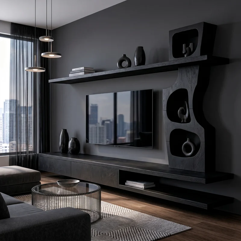 Spry Interior Sculptural Wood TV Cabinet with Tree Inspired Storage Shelves & Unique Media Credenza for Living Room, SINLKITC058