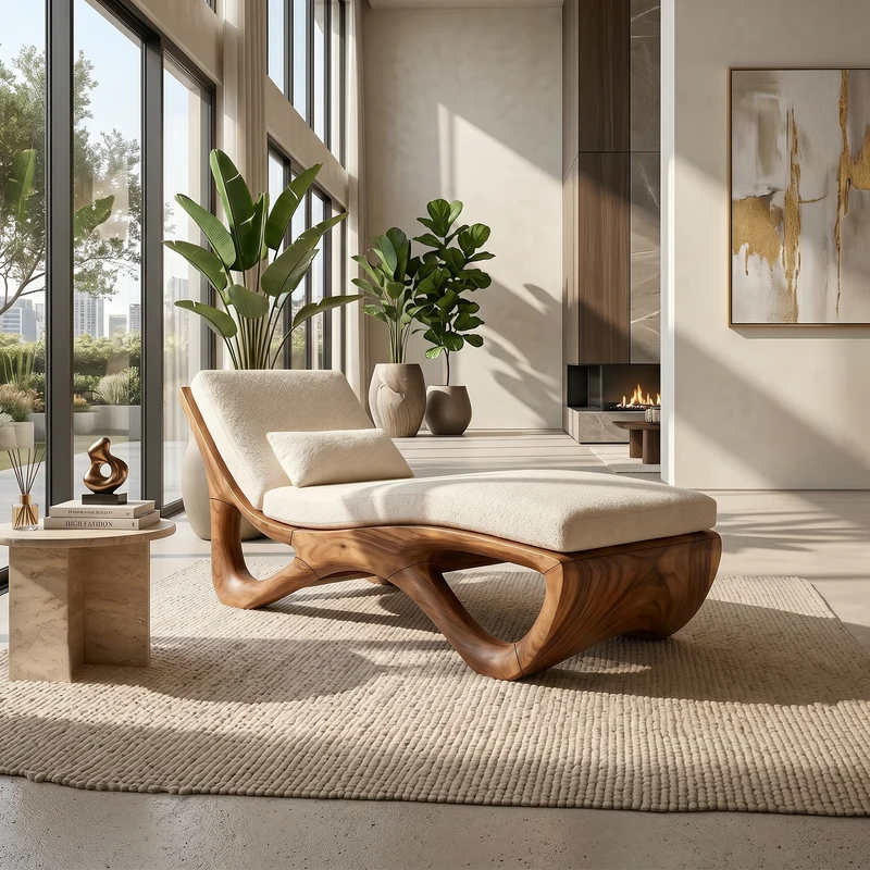 Spry Interior Luxury Organic Modern Wood Chaise Lounge, High-End Residential Daybed Sofa for Living Room, SILDTTRDB007