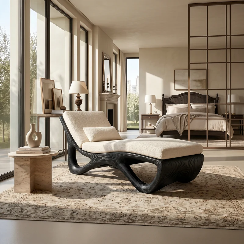 Spry Interior Luxury Organic Modern Wood Chaise Lounge, High-End Residential Daybed Sofa for Living Room, SILDTTRDB007