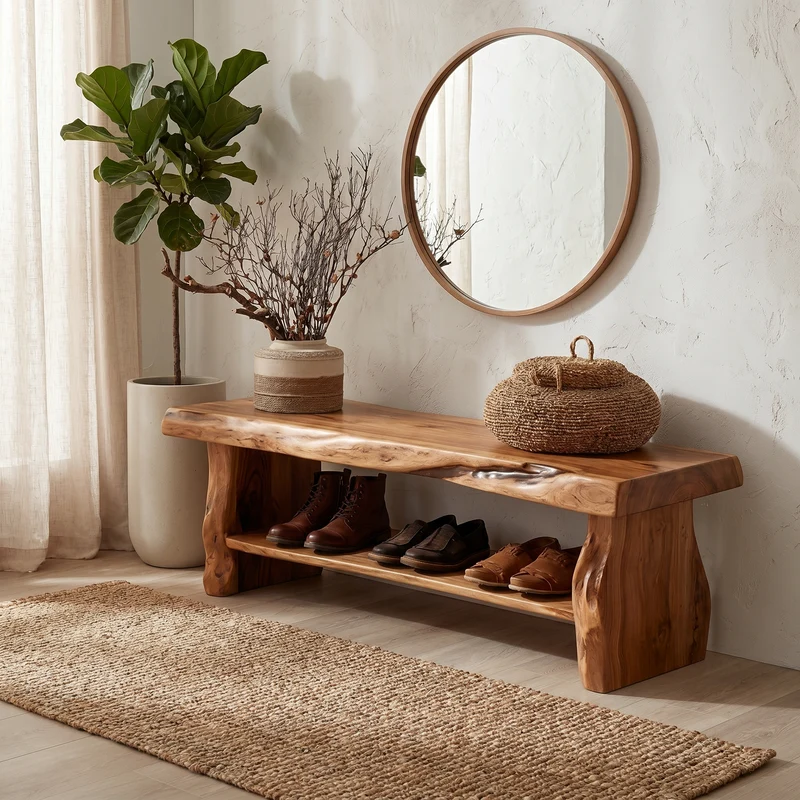 Spry Interior Rustic Solid Wood Shoe Bench, Natural Entryway Shoe Organizer Rack & Seat with Storage, SINLHASB096