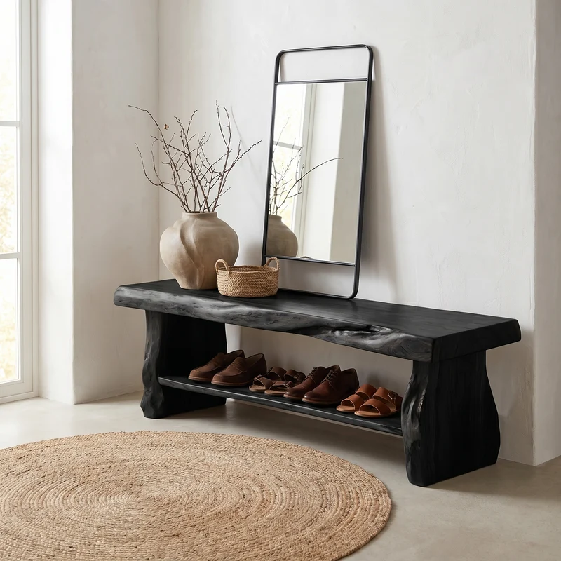 Spry Interior Rustic Solid Wood Shoe Bench, Natural Entryway Shoe Organizer Rack & Seat with Storage, SINLHASB096