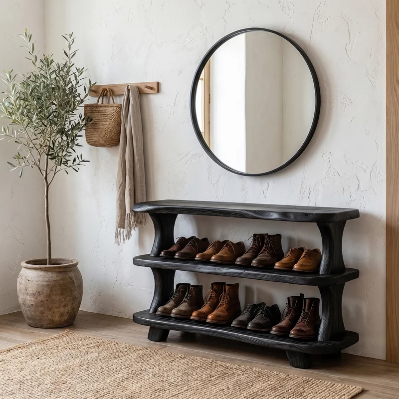 Spry Interior Modern Wooden Shoe Rack, Sculptural Entryway Organizer Closet Cabinet with Shelves, SINLHASB095