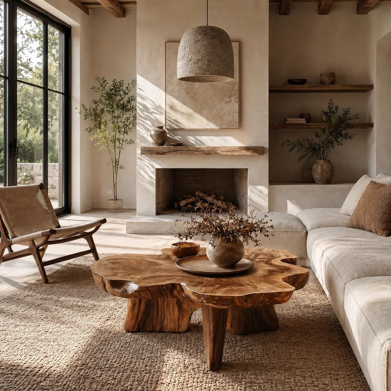 Spry Interior Organic Coffee Table with Sculptural Solid Wood Base, Modern Rustic Center Table for Living Room, SINLHACF395