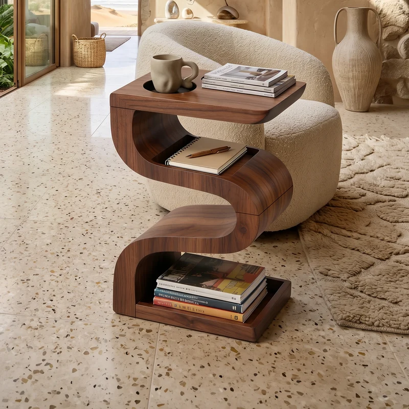 Spry Interior Minimalist Sculptural Wood Side Table, Contemporary Round End Table for Living Room Sofa, SILDTTNSTA056