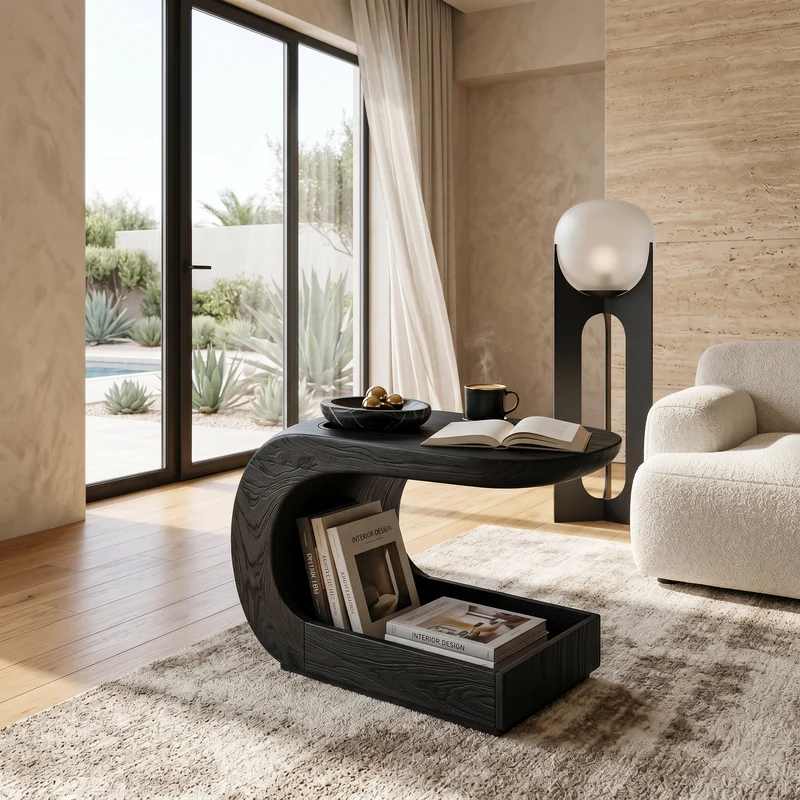 Spry Interior Modern Artistic Wood Side Table, Sculptural Bedside Nightstand for Bedroom Design, SILDTTNSTA053