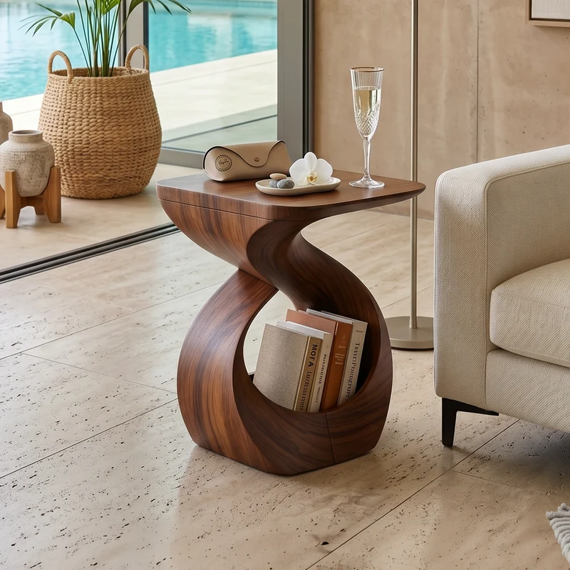 Spry Interior Contemporary Curved Wood End Table, Unique Living Room Accent Side Table for Apartments, SILDTTNSTA045