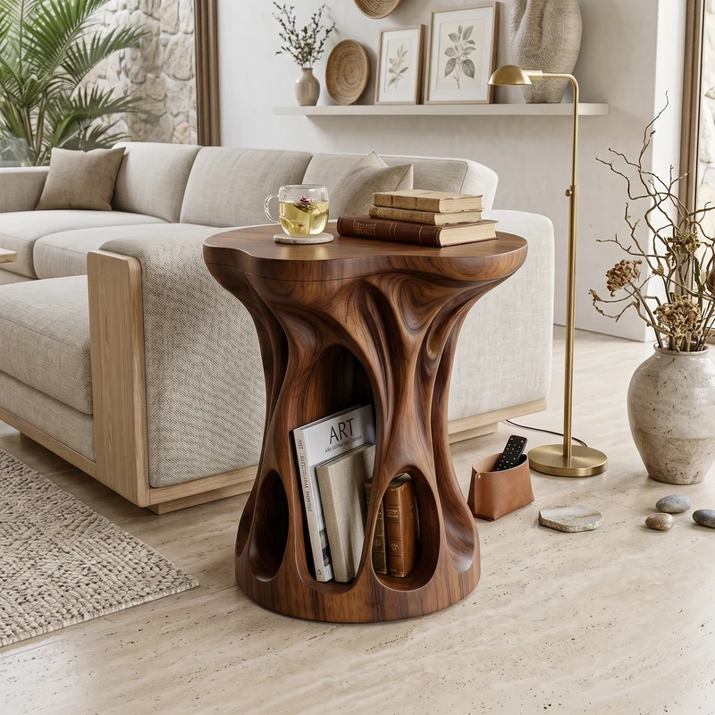 Spry Interior Mid Century Sculptural Wood Accent Table, Round Side End Table for Living Room Lounge, SILDTTNSTA044