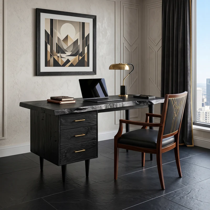 Spry Interior Luxury Wood Office Desk, Handcrafted Executive Writing Computer Table with Open Shelf, SILDTTRDE017