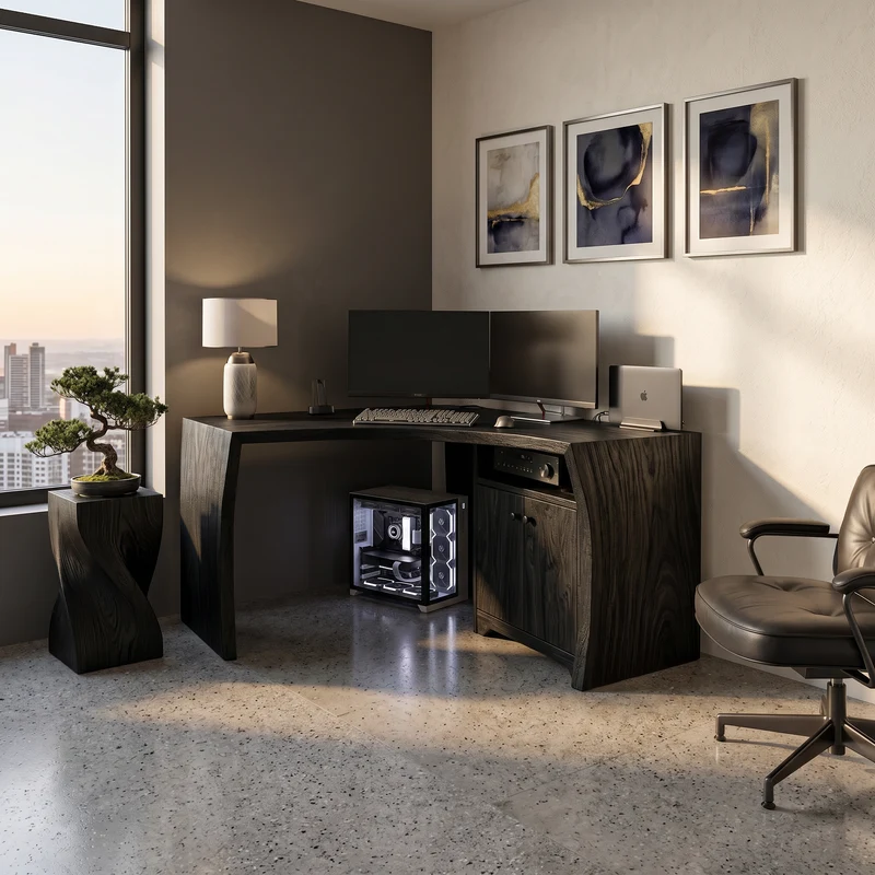Spry Interior Modern Corner Desk with Cabinet Storage, L-Shaped Wooden Computer Writing Table for Home Office, SILDTTRDE011