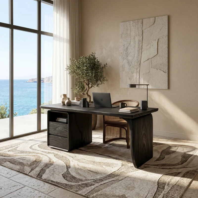Spry Interior Japandi Study Desk with Curved Legs, Zen Style Wooden Writing Computer Table for Home Office, SILDTTRDE004