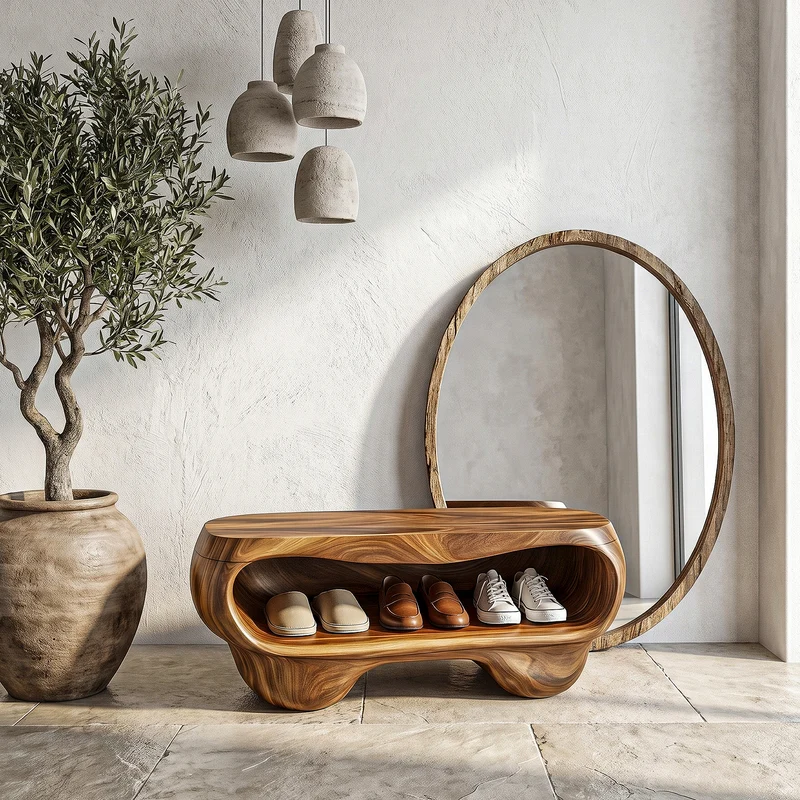 Spry Interior Organic Shoe Bench with Rounded Storage Shelves, Handcrafted Wood Entryway Seat, SINLHASB094